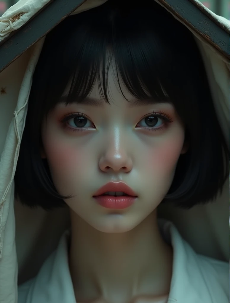 Beautiful girl with realistic black eyes., Pale skin, short black hair, perfect face, Perfect eyes, using shelter, Very detailed, integral kinematics, Digital paint, 8k, cinematic lighting, Best Quality, High resolution, Detailed work, post processing, perfect result, Hyper realistic, big breasts