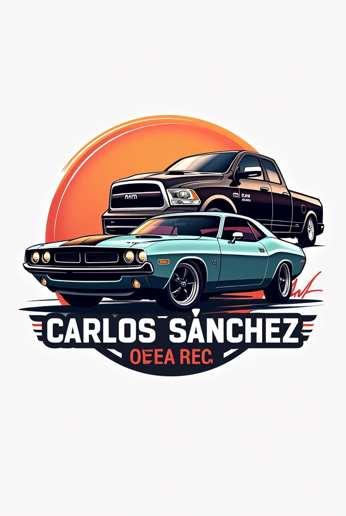 Logo with the letters Carlos Sánchez with the Dodge Challenger and Ram cars 