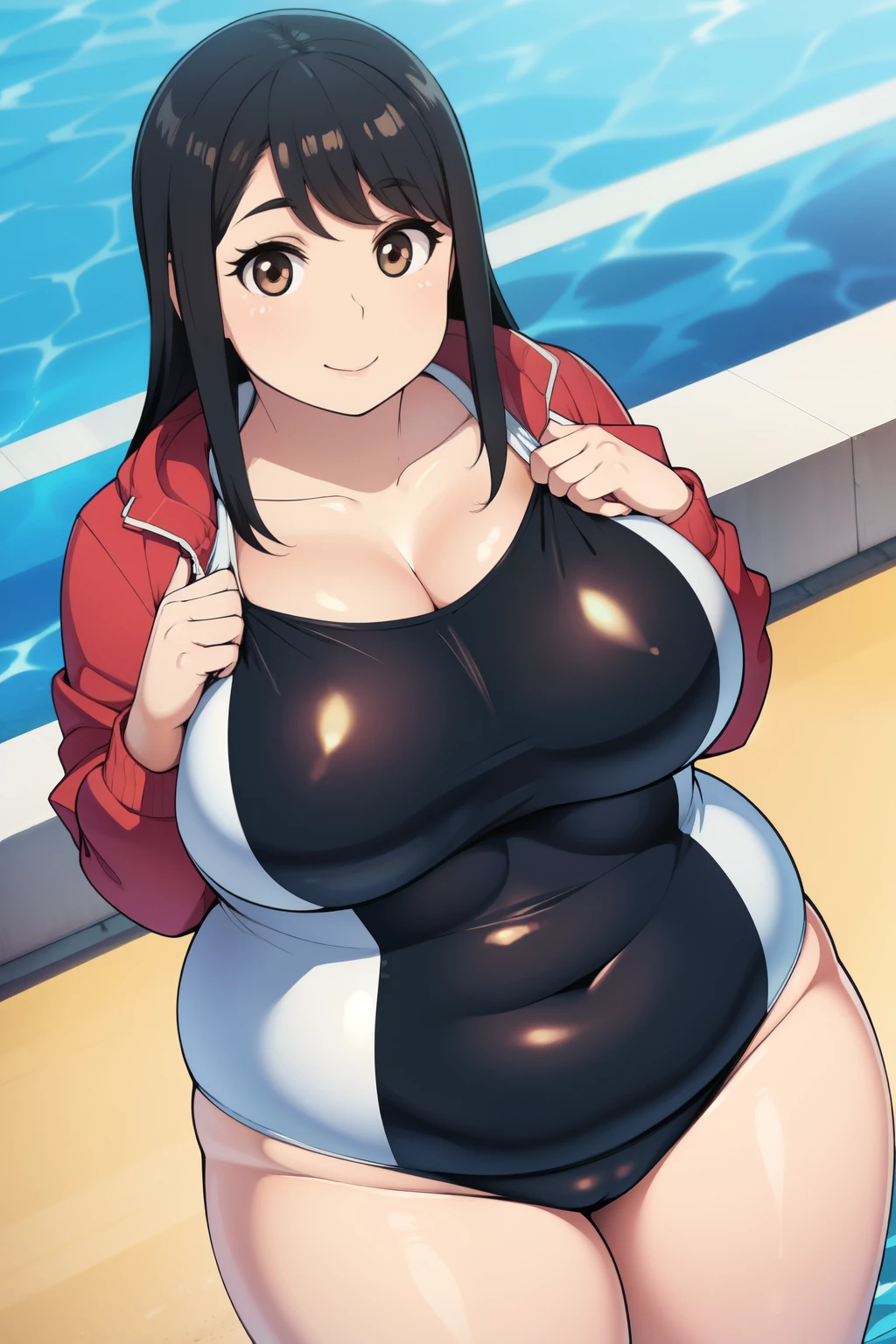 Plump year 21 big breasts black hair brown eyes chubby longer hair big breastview seen from above jacket swimsuit smile