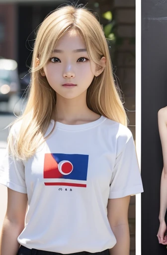 Create a photo of a korean Asian teenager,beautiful girl, left side parted hairstyle﻿
 blondehair,11yo,narrow eyes:1.5,thinbody,skinnybody,fratbody,slimface,