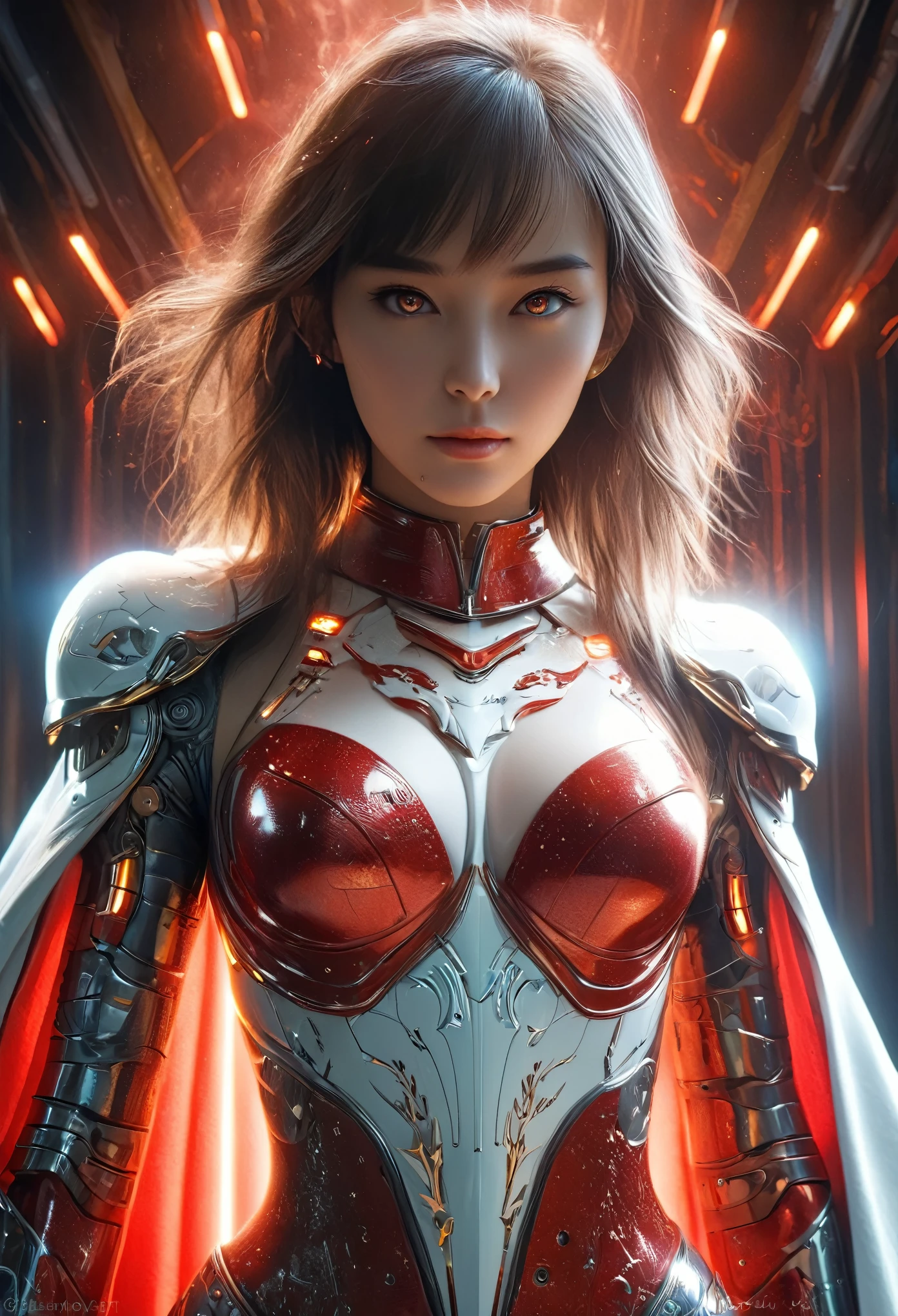 (Best Quality, 4K, 8K, High Resolution, Masterpiece: 1.2), (Super Detailed, Realistic, Photorealistic:1.37), A woman in futuristic clothing, Trending on cgstation, Trending on cgstation, (Portrait of a girl in the Knights of the Zodiac:1.4), blunt bangs, Cute Cyborg Girl, Perfect android girl, Portrait Astronaut Girl, Beautiful girl cyborg, (Girl wearing iridescent red and white mechanical cyber armor:1.3), Game CG, cgsociety and fenghua zhong, Beautiful Cyborg Shrine Maiden, Bioluminescence, (Yua Yaiba:0.5), (Golden eyes:1.5), Anatomically correct grip, (Sharp and long claws:1.4), erotic and sexy, black, wearing A gorgeous cape with beautifully detailed embroidery, (beautiful tits, beautiful breasts, beautiful nipples:1.5), (NSFW:1.5)