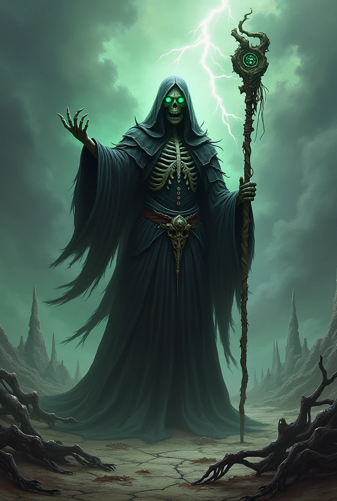 A sinister goblin necromancer named Grimwhisp, the Necroshaman, cloaked in tattered robes that emit a faint, eerie glow. His gaunt face is partially hidden under a hood, with glowing green eyes that seem to pierce through the darkness. He holds a staff topped with a skull, from which ghostly, ethereal wisps rise, surrounding him. The ground beneath him is littered with skeletal remains, and spectral figures hover around him, bound by his dark magic. The atmosphere is dense with fog, and the background should depict a desolate graveyard or cursed battlefield.
