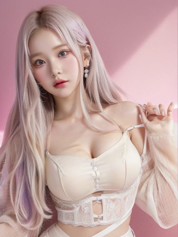 chica anime con ojos azules claro y cabello largo sosteniendo un corazón rosa, anime visual de una linda chica, Hermosa cara de anime, linda cara de anime, cara de chica anime extremadamente linda, chica con pelo blanco, bonita cara de anime, deidad de pelo blanco, anime etéreo, chica perfecta de pelo blanco, Violeta Evergarden, primer plano de una joven chica anime, con enormes ojos luminosos y tristes, jisoo from blackpink, popular south korean makeup, quality detailed ,(beautiful makeup :1.2), Wide hips, big, big ass, (best quality, 8K, masterpiece: 1.3), Clear focus: 1.2, Perfect body beauty: 1.4, strong abs, Very detailed face and skin texture. , detailed eyes, double eyelids, (long hair), having very marked curves, with greater volume in ((hips and breasts)), which makes the waist look much smaller ((wasp waist)).