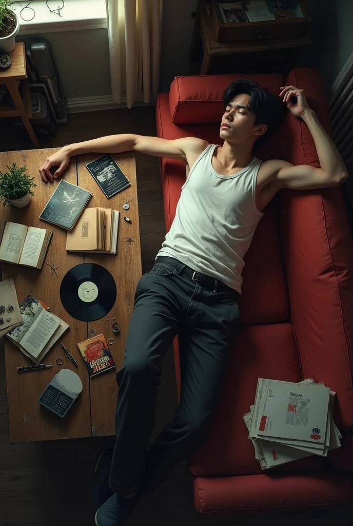 A young man lies sprawled on a worn-out red sofa in a dimly lit room. His right arm is stretched over a cluttered coffee table filled with remnants of a late-night session—books, vinyl records, empty plates, and scattered notes. The scene is chaotic yet intimate, capturing a moment of exhaustion and introspection. The dim light filters through the room, casting soft shadows that blend with the mess, creating a feeling of solitude. The man, dressed in a simple white tank top and dark pants, appears lost in a deep sleep or perhaps deep in thought, disconnected from the world around him. The overhead view gives a sense of distance, as if observing from above, adding to the overall mood of quiet contemplation."

