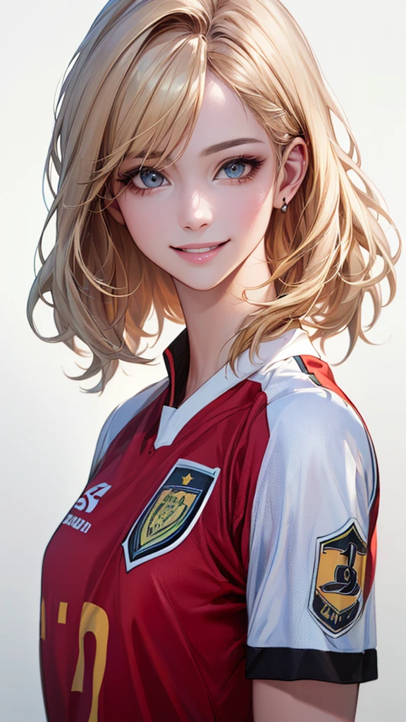 (Highest quality、8k、32K、masterpiece)、(RAW Photos)、(Realistic)、(Photorealistic:1.2)、(High resolution)、Very detailed、Very beautiful face and eyes、1 person、Round and small face、Narrow waist、Delicate body、(Highest quality、Attention to detail、Rich skin detail)、(Highest quality、8k、Oil paints:1.2)、Very detailed、(Realistic、Realistic:1.37)、Bright colors、(((Looks happy)))、(((Blonde)))、(((Brand Hair)))、(((smile)))、(((Upper Body)))、(((White Background)))、(((Side Tail Hair)))、(((Pure white wall background)))、(((Wearing a soccer uniform)))、(((Pure white wall background)))、(((It's a vertical striped uniform.)))、(((Has a keen eye)))、(((Black and pink uniform)))、(((Touching the lips with the right hand)))、(((私はBlondeです、It is a side ponytail)))、(((There are no lines on the shoulder.)))
