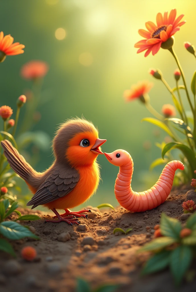 Make an art of a bird that is friends with an earthworm