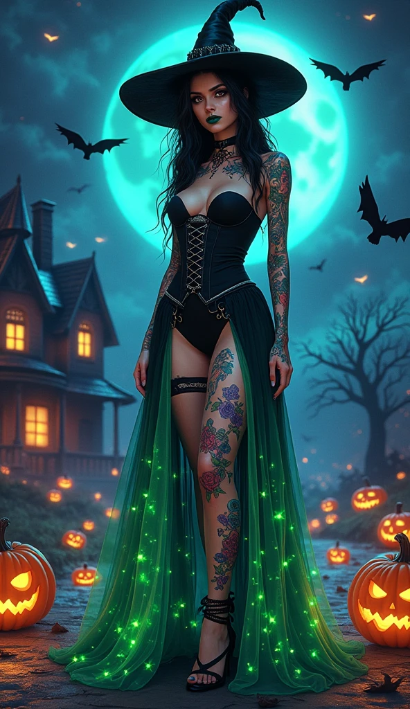 A vibrant, Halloween-themed image featuring a gothic woman with a striking presence. She stands confidently, dressed in a black corset with a flowing, translucent skirt that shimmers with mystical green and blue hues. Her arms and legs are adorned with colorful, detailed tattoos, predominantly featuring skulls and other macabre elements. Her long, dark hair cascades from beneath a wide-brimmed black witch's hat, and her makeup is bold, with deep green lipstick and dark eyeshadow that complement her enchanting appearance. The background is a night sky filled with swirling nebulae, bats, and crows flying around, while a haunted house looms in the distance. Glowing jack-o'-lanterns and a teddy bear add a whimsical yet eerie touch to the scene, enhancing the Halloween atmosphere.
(((Halloween fantasy portrait))), full-body shot, low angle, neon and celestial lighting BREAK ((best quality:1.6)), ((high details:1.5)), ((highres:1.5)), ((4K:1.5)), ((gothic elements:1.3)), ((glowing tattoos:1.3)) BREAK inspired by the styles of Tim Burton | Artgerm | Loish | Pascal Blanche.