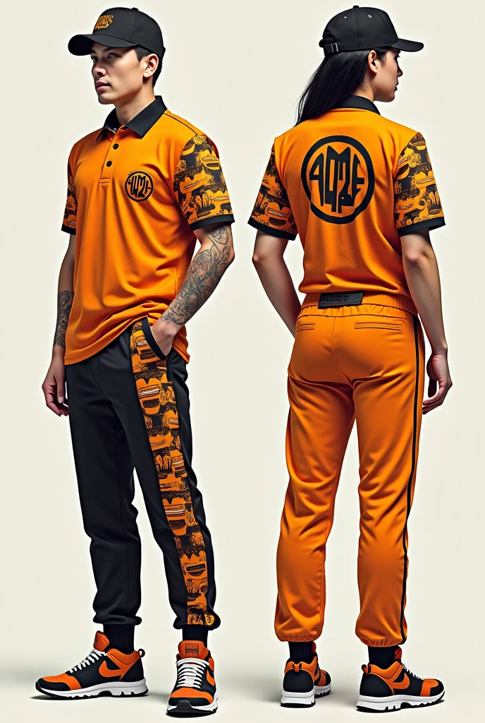 Design a complete uniform for a hamburger restaurant with the 402burger logo in black and orange with a polo shirt and jogger pants that are creative and that the right sleeve has a line that divides it and one side is full of drawings such as illustrated hamburgers, French fries, urban and disruptive with creative designs and flames on the sweatshirt and t-shirt and a cap