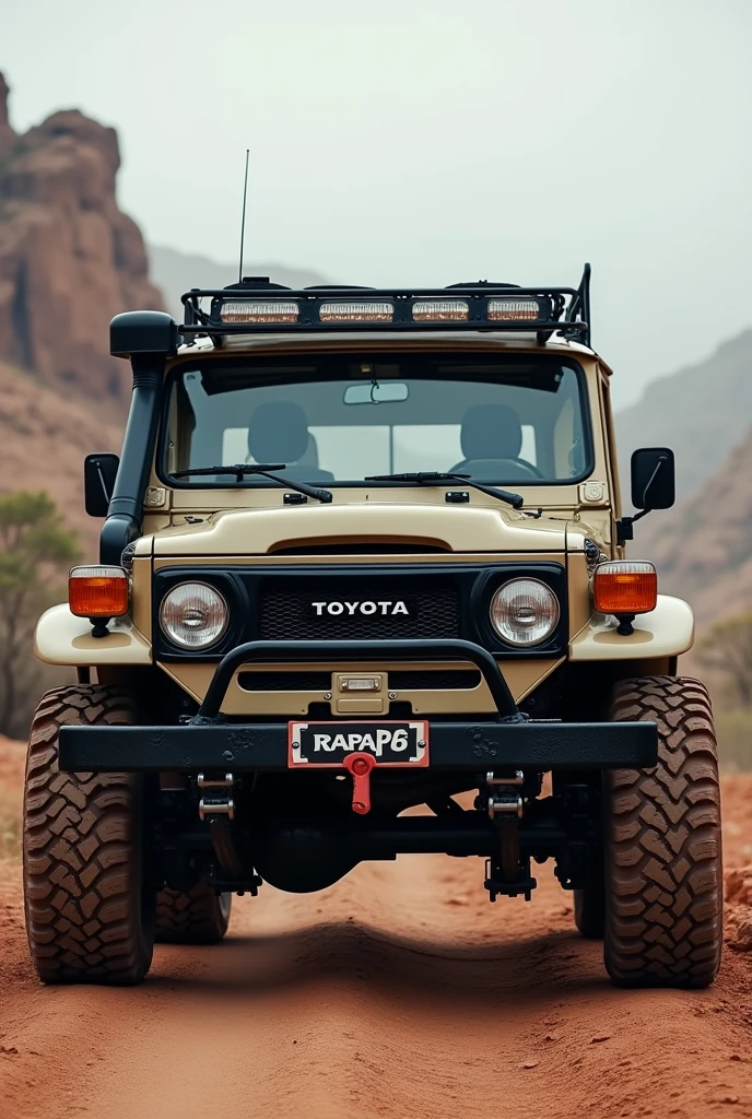 Toyota land cruiser 70 series with Rapa R6 
written on the front 