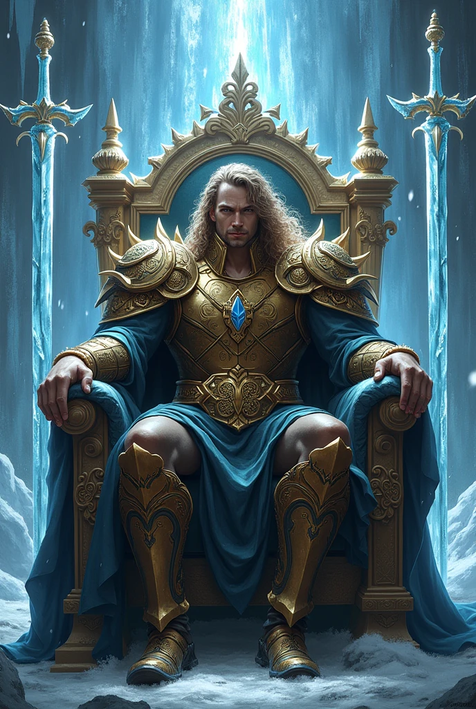 Ice King sitting on a throne, curly hair, light brown skin, with dark brown eyes. Golden armor with black details. Royal aura with ice swords and spears around. Bad boy face