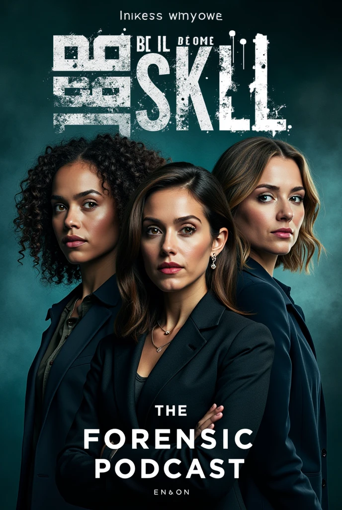 Create a cover for a forensic podcast called "Behind the Skull" which features four women discussing criminal cases.
