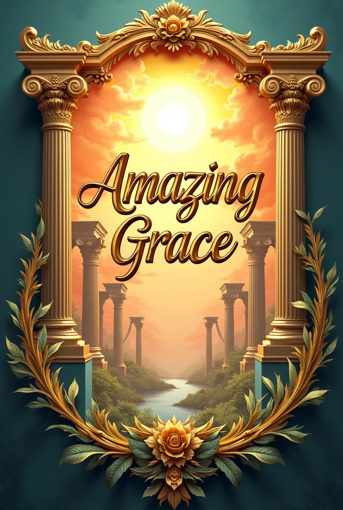 A logo that says Amazing Grace,with orange colors, rosa, yellow and light blue,with golden and green leaves,details to make it look majestic and cool,ancient Greece in the background