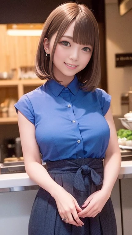 (Long Skirt:1.3、blue)、Sleeveless shirt、1 person、Bob Hair、Medium breast、smile、whole body、(belly button:1.1)、masterpiece:1.3、Raw photo quality、Highest quality、Detailed Images、Detailed Background、Inside the cafe、Standing in front of the counter、