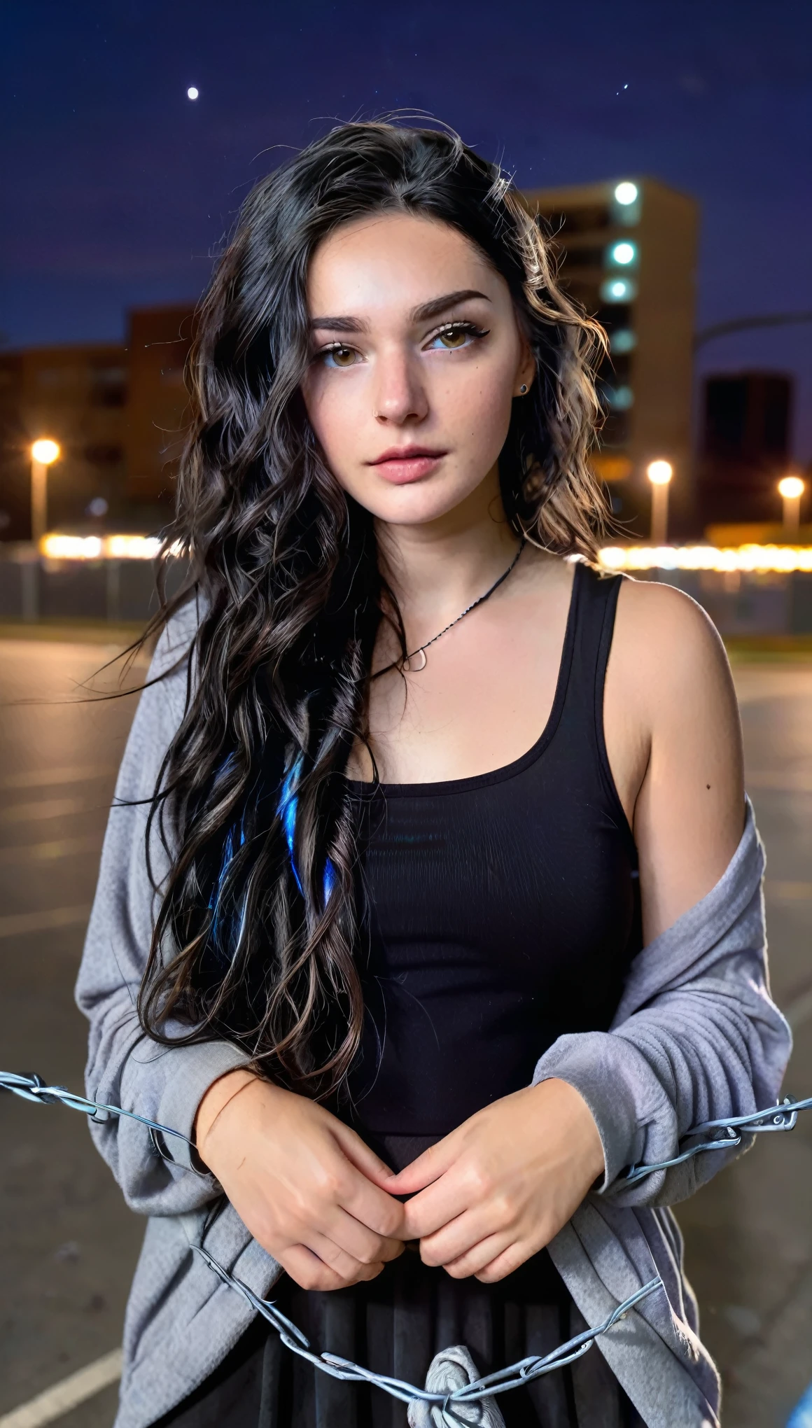 A girl with long black wavy hair with blue tips, light brown eyes and dark loose clothing, standing in an empty open-air parking lot at night in a suburban setting surrounded by buildings in the background, she is with her hands resting on a barbed wire fence that is in front of her, A large post in the background illuminating the ground, night sky, blurred background perfect face.