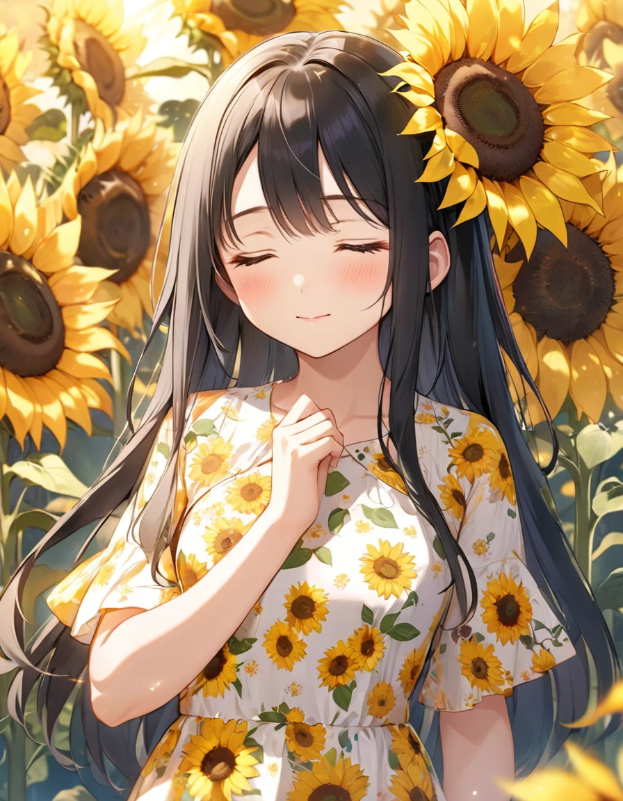 Girl,cute,cute,Chest to head,Straight hair,Long Hair,Black Hair,sunny,Light shines in,Floral Print Dress,Are standing,Close ~ eyes,noon,pray,Hand to hand,Sunflower background,peace