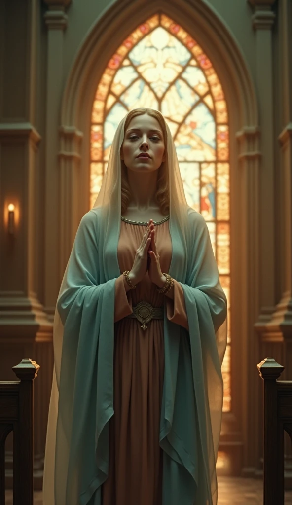 Beautiful Virgin Mary, whole body, A reddish-beige tunic with a pale blue cloak and veil, Inside the church, night, Stained glass in the background, Cinematic proof, god々afterglow