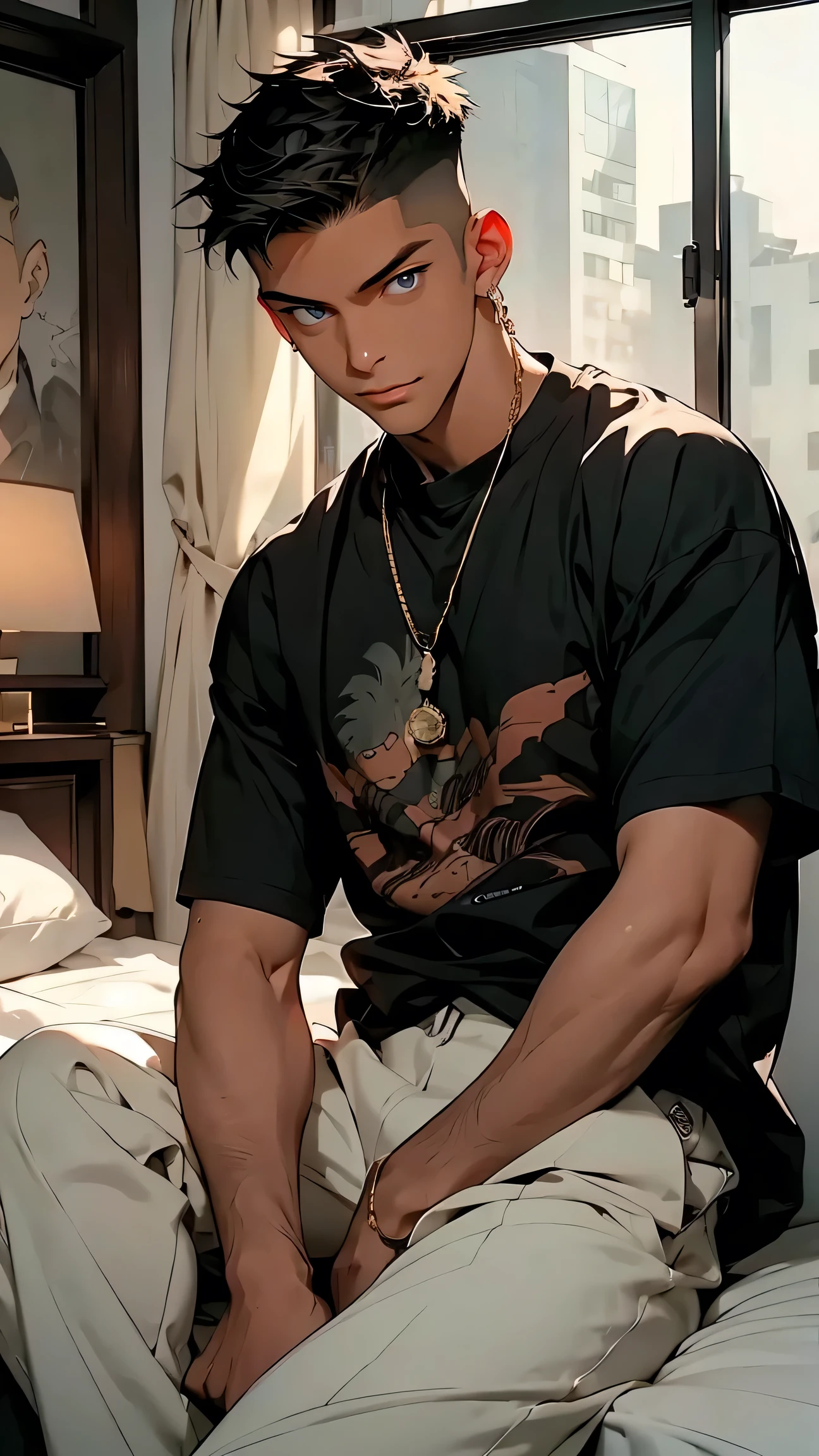 of the highest quality, 8k, high resolution image, Estilo anime Jujutsu Kaisen, Detailed strokes, slightly tanned skin, blurred, smile, violet light reflecting on it, (close angle), 1 man, young, male, Model, cool guy, muscular, blue eyes, brown very short hair, Brown hair, short hair, hairstyle: undercut, pelo hairstyle hacia atrás, swollen chest, He wears a t-shirt under a jacket and sweatpants, hand in pants pocket, gold link chain, bottom: bedroom, bright room, big window, Sitting on the bed, relaxation posture