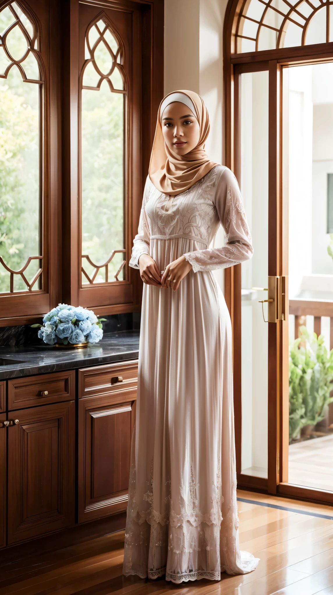 (full shot).RAW, Best quality, high resolution, work: 1.3, beautiful Indonesian man in hijab, perfect hijab, beautiful eyes, cute face, fair skin, shiny lips, serene expression, sweet feminine gesture, full body portrait, watery eyes, man body, flat chest, thin thighs, perfect hand, perfect feet, man in a long dress standing in the kitchen, househusband, modest flowing gown, long sleeved dress, long dress female, wearing a long flowery pleated dress, delicate patterned, full covered dress, long dress, beautiful soft silky dress, beautiful silky dress, beautiful detailed dress, flowing dress, romantic dress, intricate detailed dress, muslim women dress, wearing a long dress, dress covers all body, wearing house slippers, look at viewer, body to viewer, standing femininely, feminine pose, graceful pose, full body portrait, wide background