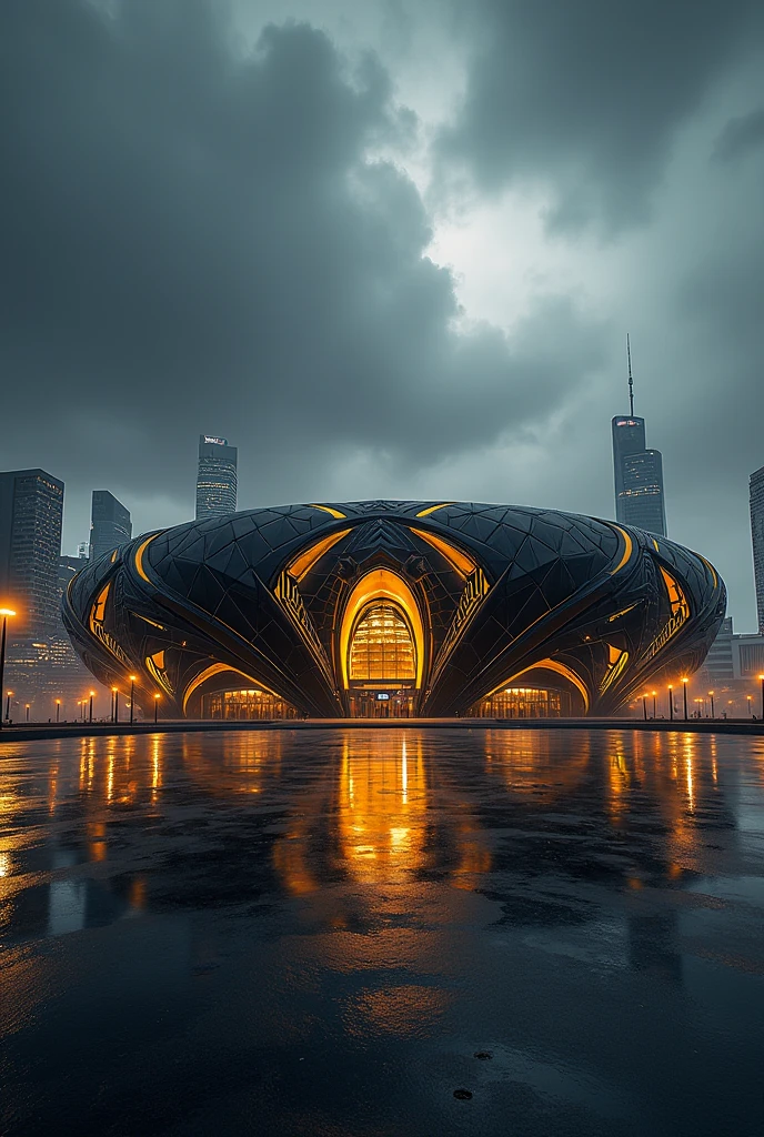 Black and gold football arena outside