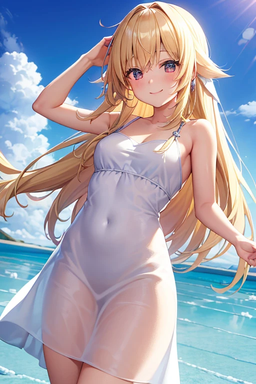 Absurd, High resolution, long white dress, blue sky, (Uyuni salt lake:1.2), Long Hair, smile, Blushing, Blonde, Background blur, masterpiece, 
