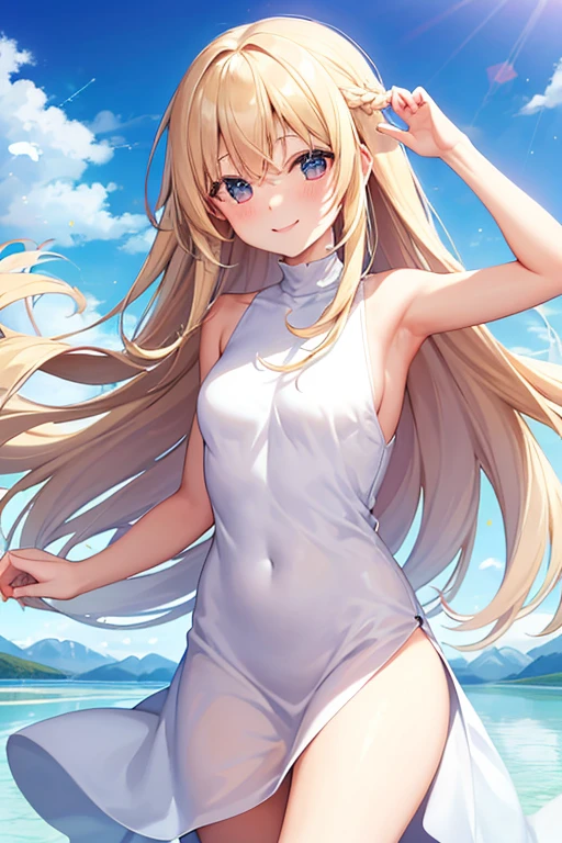 masterpiece, rich colors, Best quality, detailed, high resolution, Hyper quality, high detail, , high quality, detailing, skinny sexy girl on the beach , bright lighting , Brown eyes, Anime, palm trees, bright lighting, blonde,