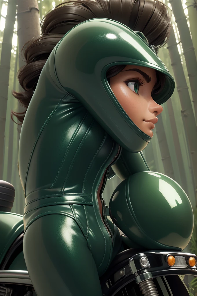 obra prima, melhor qualidade, ((only two women,)) ((elizabeth pipko, dark tan skin, full face and dimple cheeks,)) looking over shoulder at me, big erect cone tits, ((wearing metallic green leather biker moto jacket,)) ((jacket has padded shoulders, jacket has stiff high collar,)) (((wearing shiny forest green leather pants,))) body is very skinny, arched back, (((hand gripping handle tight, riding motorcycle, extreme closeup view, side front view of upper body,))) shallow depth of field, highres, HD, 8k, anatomically correct