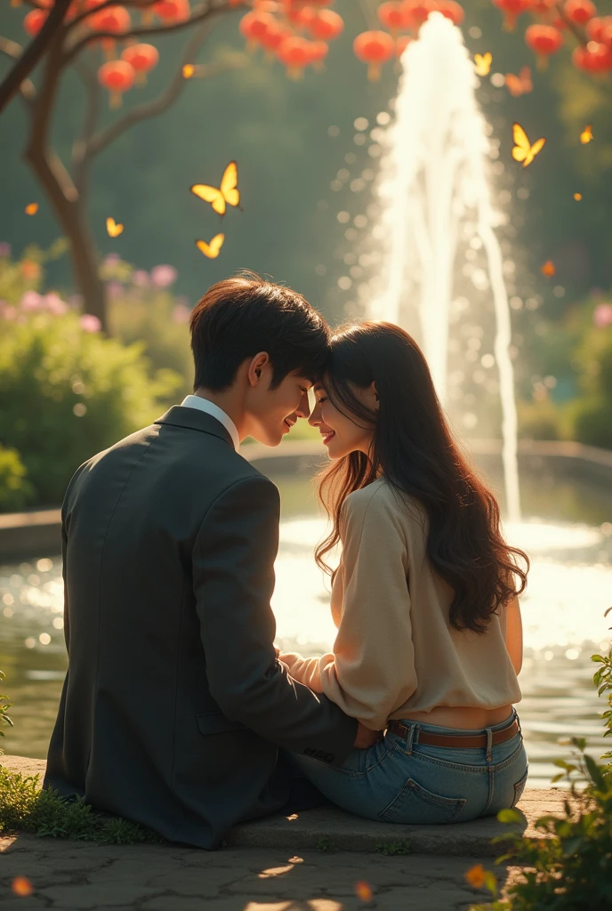 full body) Asian male couple with medium length mauve mullet haircut wearing a suit jacket and Asian female with long hair style, get dressed,short jeans,pashmina,sneakers) they are sitting hugging smiling,The face is focused on the camera. At the fountain and flower garden,The butterflies flutter in the wind, a scene of romance captured by the gentle, soft reflection of light, looking natural and authentic.. 35k resolution full HD., photo