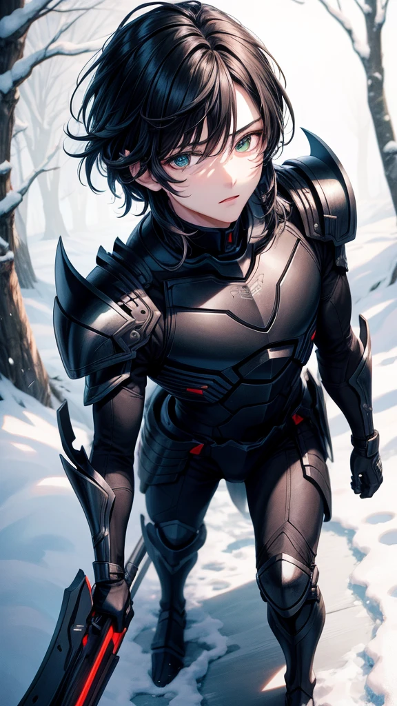 アニメ, {{boy}} de 18 anos, {Perfect and detailed face},[perfect nose], {Bblack hair}, {[well detailed green eyes]},{asymmetrical eyes}, {visible lips}, {[(full body 5.0)]}, {hyper detailed full black and red armor}, {walking in a snow-covered forest}
{8k image}, {128k ultra resolution}, {ultra quality 128k}, {128k high quality sharpness}