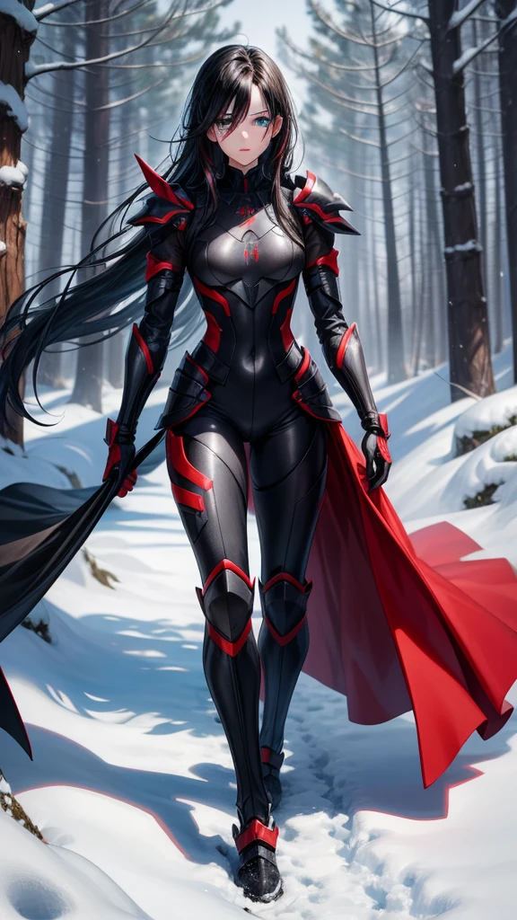 アニメ, {{boy}} de 18 anos, {Perfect and detailed face},[perfect nose], {Bblack hair}, {[well detailed green eyes]},{asymmetrical eyes}, {visible lips}, {[(full body 5.0)]}, {hyper detailed full black and red armor}, {walking in a snow-covered forest}
{8k image}, {128k ultra resolution}, {ultra quality 128k}, {128k high quality sharpness}