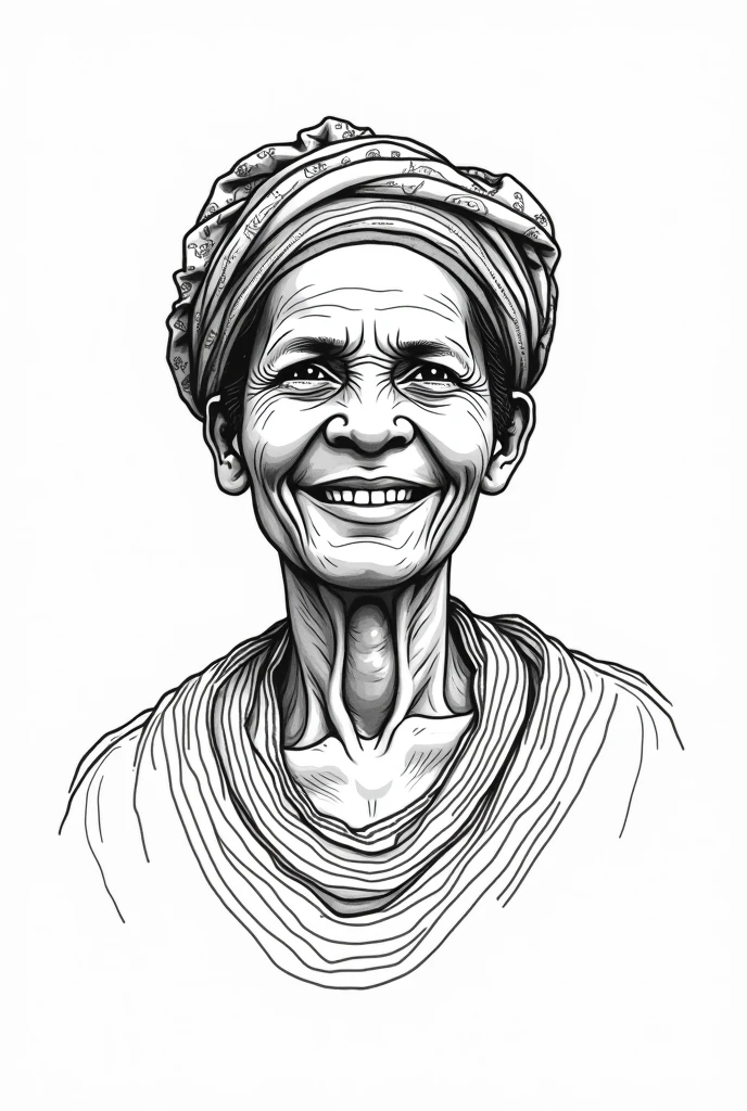 Simple black and white drawing of a happy elderly African woman with a headscarf
