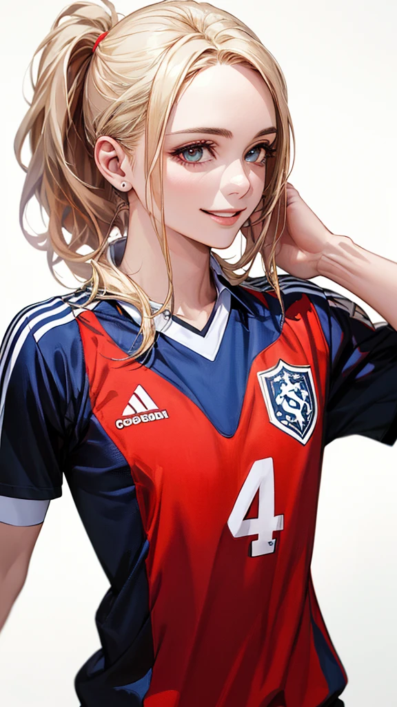 (Highest quality、8k、32K、masterpiece)、(RAW Photos)、(Realistic)、(Photorealistic:1.2)、(High resolution)、Very detailed、Very beautiful face and eyes、1 person、Round and small face、Narrow waist、Delicate body、(Highest quality、Attention to detail、Rich skin detail)、(Highest quality、8k、Oil paints:1.2)、Very detailed、(Realistic、Realistic:1.37)、Bright colors、(((Looks happy)))、(((Blonde)))、(((Brand Hair)))、(((smile)))、(((Upper Body)))、(((White Background)))、(((Side Tail Hair)))、(((Pure white wall background)))、(((Wearing a soccer uniform)))、(((Pure white wall background)))、(((It&#39;s a vertical striped uniform.)))、(((Has a keen eye)))、(((Black and pink uniform)))、(((Touching the lips with the right hand)))、(((私はBlondeです、It is a side ponytail)))、(((There are no lines on the shoulder.)))