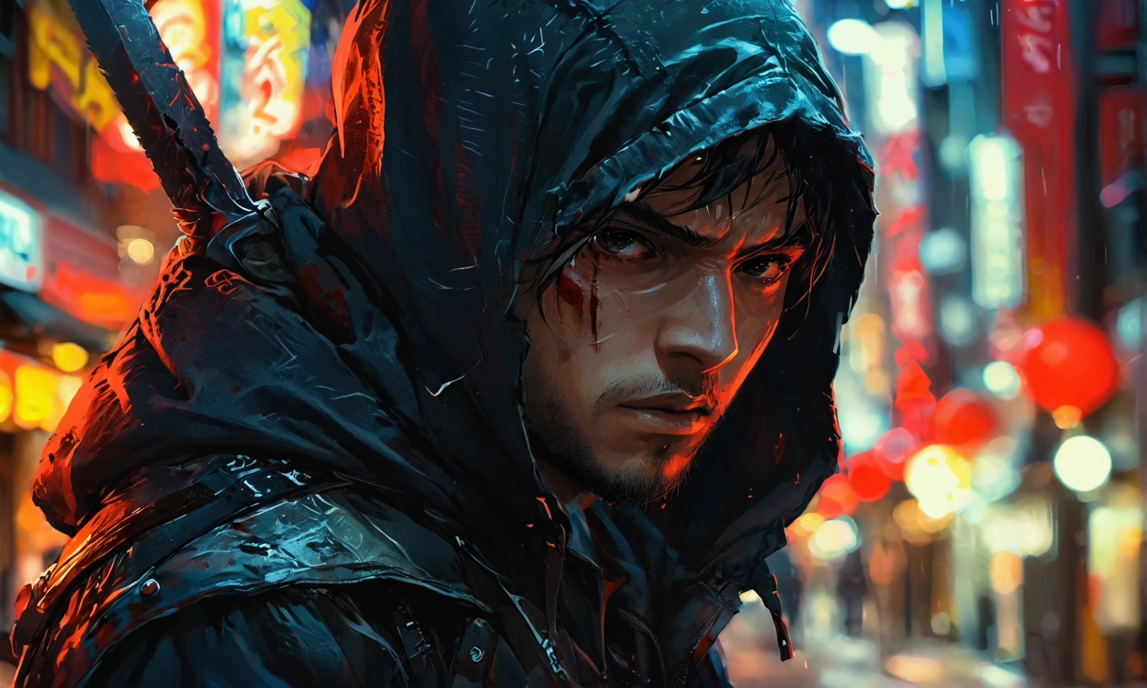 A MAN WITH A HOOD HOLDING A KNIFE IN THE MIDDLE OF THE STREET AT NIGHT, manga style,manga style art, manga style art, manga style art, manga style