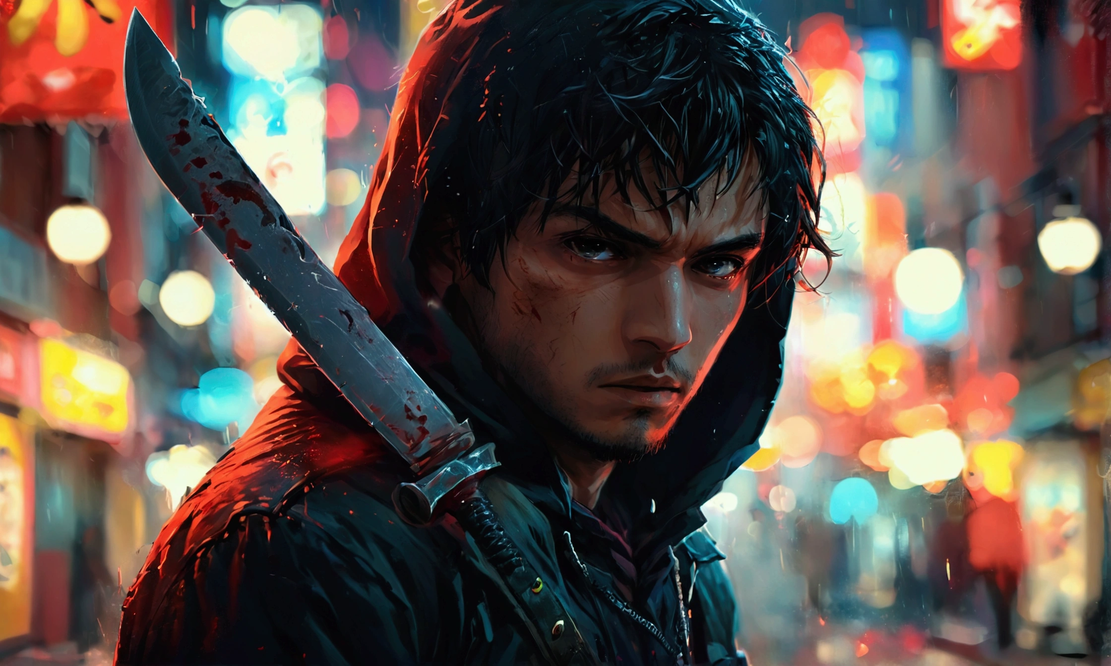 A MAN WITH A HOOD HOLDING A KNIFE IN THE MIDDLE OF THE STREET AT NIGHT, manga style,manga style art, manga style art, manga style art, manga style