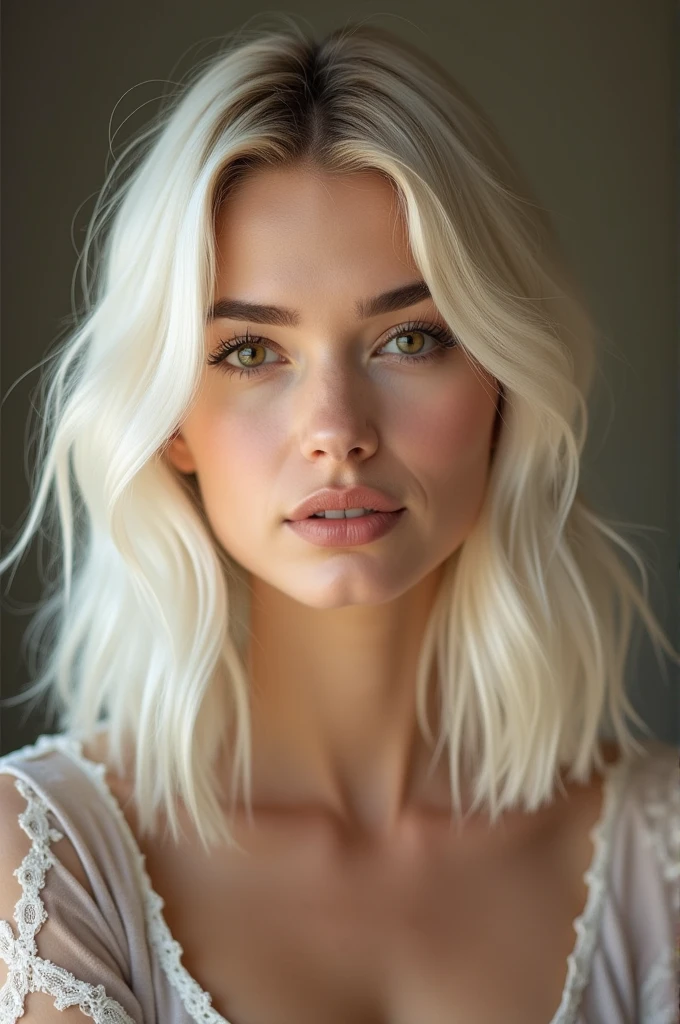 Platinum blonde women with shoulder length hair taking a selfie