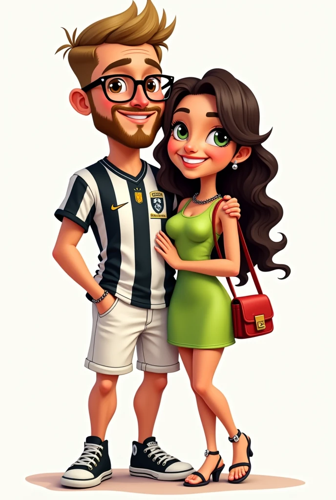 A cartoon or caricature drawing of a couple. The boy has a square face and does not have a thin chin., big forehead, It's blond, He has straight, short hair, shorty, no quiff with the bangs combed to the side, Okay. His hair is not frizzy. Eleusa light brown beard, short and mustache, and has light brown eyes. He wears rectangular glasses with black frames and smiles. He doesn't wear earrings. He wears white denim shorts that cover his knees. He wears a jersey of the Rio de Janeiro football team Botafogo which has vertical black and white stripes and the team crest on the left chest.. The team's crest is a black shield with a white five-pointed star in the middle.. He wears black low-top sneakers with a white stripe on the sole.. He doesn't wear socks. He wears a black leather chain around his neck with a silver pendant. His right hand is in his shorts pocket and his left hand is on his girlfriend's waist. ella, A sua volta, has dark brown slightly wavy very long hair, almost at the waist, green eyes and thick eyebrows. ella veste um vestido verde limão só um pouquinho acima dos joelhos, a small red bag and silver sandals. The sandal has thin straps crossed at the front and has a 4cm thin high heel. ella está de lado, with one knee bent at 90 degrees with the foot back. ella está apoiando as mãos no ombro do namorado, while he holds her waist.