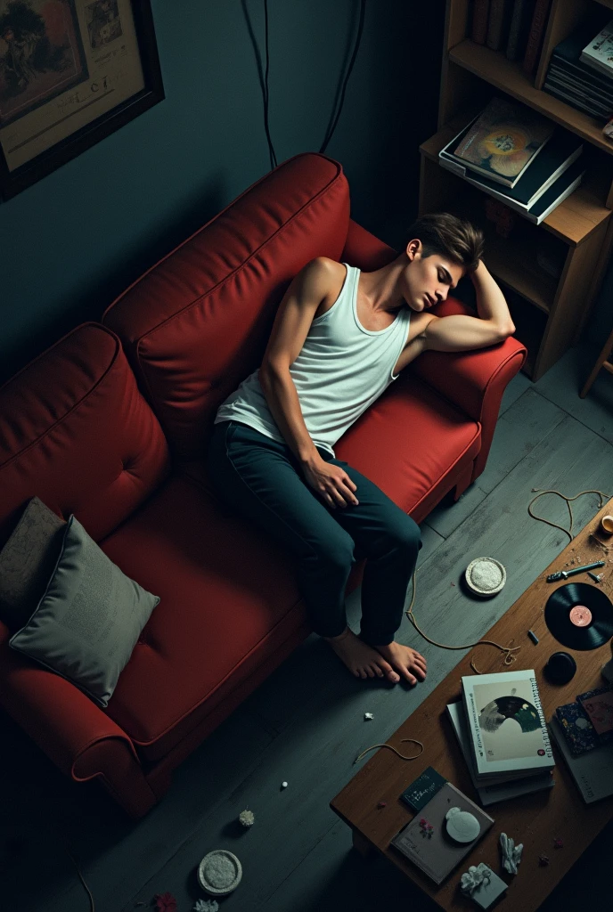 A young man lies in a saw on a worn-out red sofa in a dimly lit room. His right arm is stretched over a cluttered coffee table filled with remnants of a late-night session—books, vinyl records, empty plates, and scattered notes. The scene is chaotic yet intimate, capturing a moment of exhaustion and introspection. The dim light filters through the room, casting soft shadows that blend with the mess, creating a feeling of solitude. The man, dressed in a simple white tank top and dark pants, appears lost in a deep sleep or perhaps deep in thought, disconnected from the world around him. The overhead view gives a sense of distance, as if observing from above, adding to the overall mood of quiet contemplation."