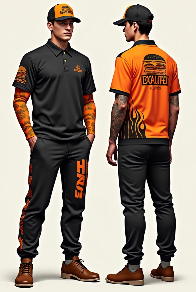 Design a complete uniform for a hamburger restaurant with the 402burger logo in black and orange with a polo shirt and jogger pants that are creative and that the right sleeve has a line that divides it and one side is full of drawings such as illustrated hamburgers, French fries, urban and disruptive with creative designs and flames on the sweatshirt and t-shirt and a cap