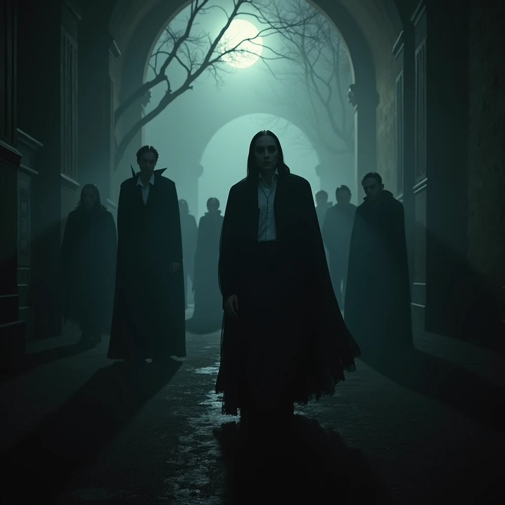 Create a horror scene with vampires, the scene is scary and mysterious, with a gothic aesthetic. 
