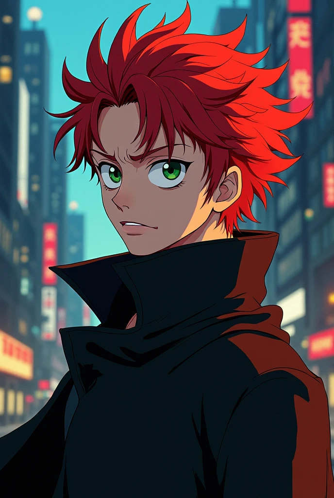 A 19 year old young man, 1,80m, with exaggerated and expressive features typical of One Piece. Your skin is clear, and he has voluminous red hair, Disheveled. His large green eyes turn a bright orange when his dark personality appears, with an otherworldly intensity. His face is angular and striking, reflecting youth and determination. He wears a long black cape that flows dramatically, adding a touch of mystery and impressiveness.
Split Personality:
Normalmente, He's quiet and introspective, with a serious expression. When his other personality emerges, he becomes wild and unpredictable, with a fierce gaze and a menacing smile, typical of the caricatured and dynamic style of One Piece.
Scenario (Anime Style - One Piece ):
Imagine him in a stylized and vibrant city, with exaggerated architecture and dramatic contrasts between deep shadows and neon lights, capturing the energy and adventurous spirit of One