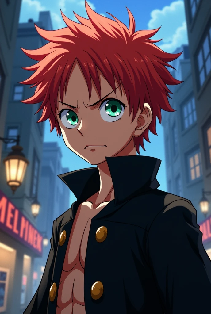A 19 year old young man, 1,80m, with exaggerated and expressive features typical of One Piece. Your skin is clear, and he has voluminous red hair, Disheveled. His large green eyes turn a bright orange when his dark personality appears, with an otherworldly intensity. His face is angular and striking, reflecting youth and determination. He wears a long black cape that flows dramatically, adding a touch of mystery and impressiveness.
Split Personality:
Normalmente, He's quiet and introspective, with a serious expression. When his other personality emerges, he becomes wild and unpredictable, with a fierce gaze and a menacing smile, typical of the caricatured and dynamic style of One Piece.
Scenario (Anime Style - One Piece ):
Imagine him in a stylized and vibrant city, with exaggerated architecture and dramatic contrasts between deep shadows and neon lights, capturing the energy and adventurous spirit of One