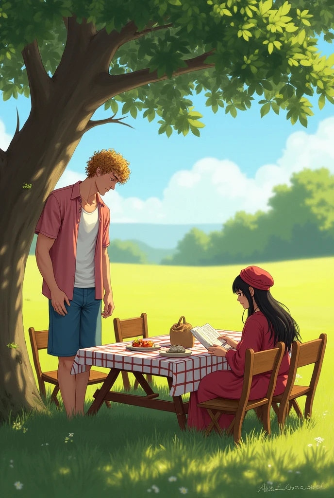 A pair of lovers having a picnic in a wide grass field with sunny weather and blue skies, the man with curly golden brown hair, reddish white skin, ideal body posture and tall, he wears an unbuttoned pink shirt and a white t-shirt. wearing blue knee-length trousers, the man was picking up the food on the table. The picnic table had a white and red checkered cloth with a bag full of food, and there were 4 wooden chairs facing each other. Meanwhile the woman is wearing a red robe and she is wearing a red headscarf and is sitting on a stretch of grass while leaning against a tree while reading a book, this woman's position is not far from the man's. The shot is taken from behind the tree as the woman sits, and the man is visible in front.