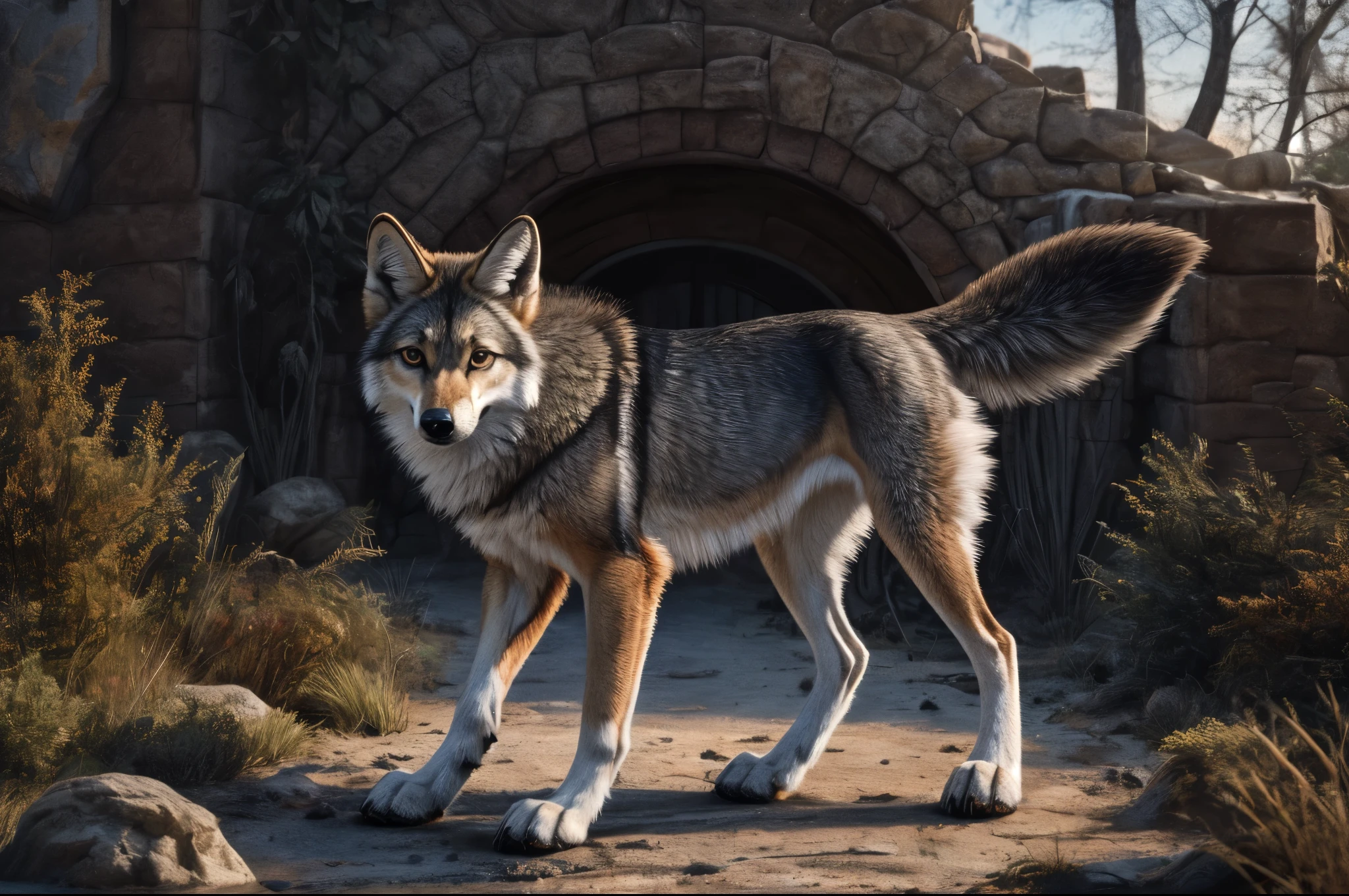 mammal,solo,canid,feral,female,canine,fur,canis,small,claws,hi res,inner ear fluff,tuft,coyote,paws,4 toes,toes,full body,detailed background