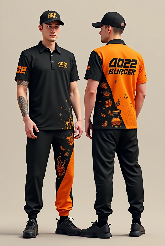 Design a complete uniform for a hamburger restaurant with the 402burger logo in black and orange with a polo shirt and jogger pants that are creative and that the right sleeve has a line that divides it and one side is full of drawings such as illustrated hamburgers, French fries, urban and disruptive with creative designs and flames on the sweatshirt and t-shirt and a cap