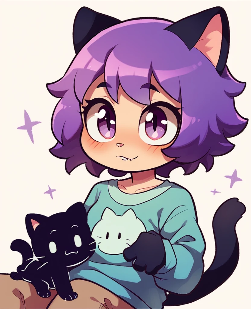 little cat, ??? girl cat, cub, fully black fur, purple hair, purple eyes, cute doodle