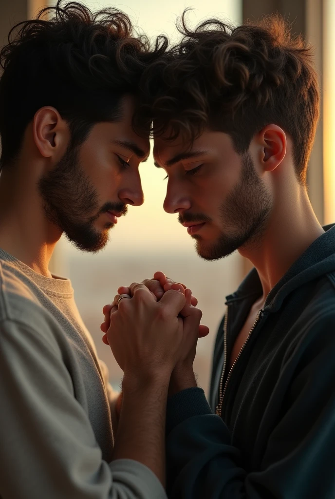 A average muscular boy looking at me so deeply and I hold him hands, we both male