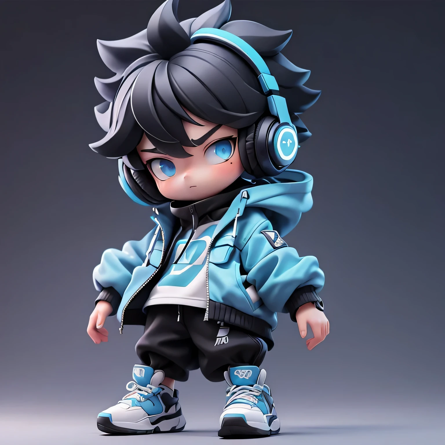 (a boy with short hair, a blue jacket, black clothes, black hair, blue eyes, a simple background, wearing neon blue headphones, matte blind box) (best quality), (vivid colors), serious expression, Jump up