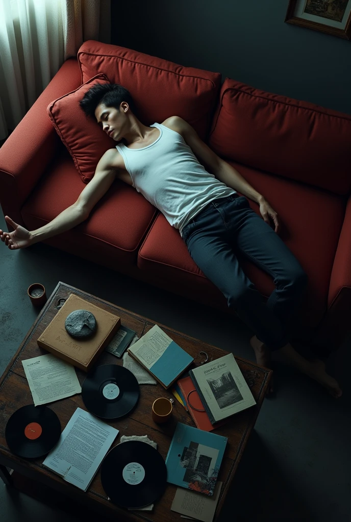 A young man lies in a saw on a worn-out red sofa in a dimly lit room. His right arm is stretched over a cluttered coffee table filled with remnants of a late-night session—books, vinyl records, empty plates, and scattered notes. The scene is chaotic yet intimate, capturing a moment of exhaustion and introspection. The dim light filters through the room, casting soft shadows that blend with the mess, creating a feeling of solitude. The man, dressed in a simple white tank top and dark pants, appears lost in a deep sleep or perhaps deep in thought, disconnected from the world around him. The overhead view gives a sense of distance, as if observing from above, adding to the overall mood of quiet contemplation."