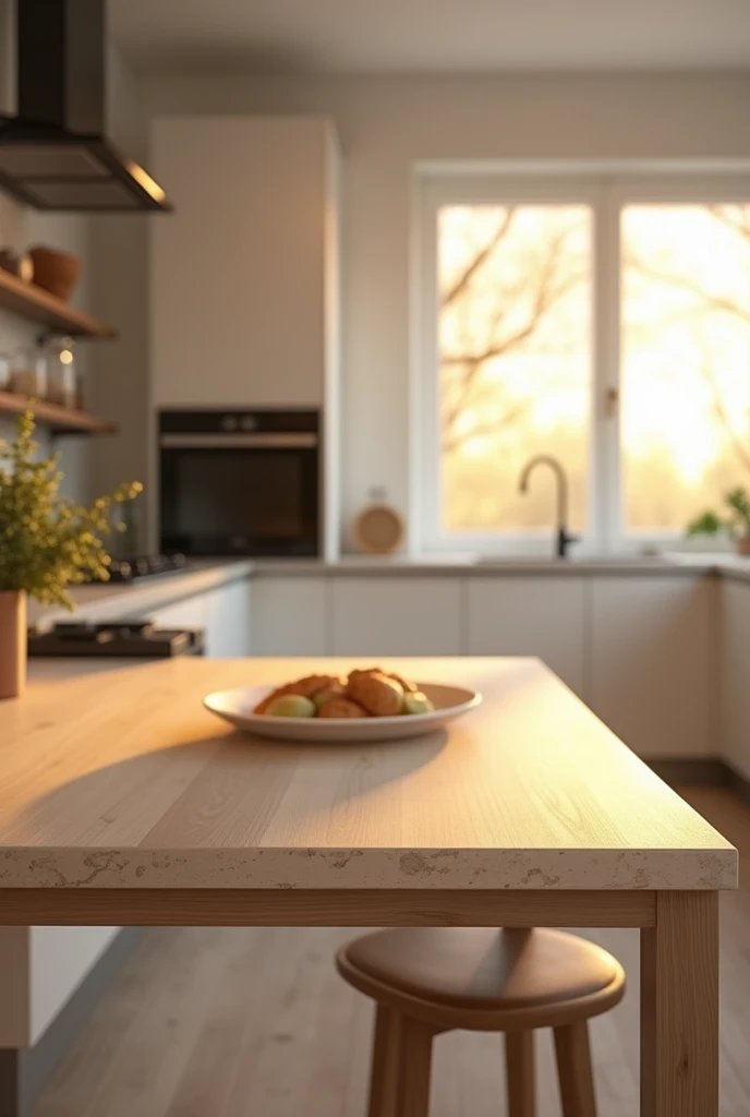 An image that can serve as a background for a food product, a table in a kitchen, all modern, clean, evening light