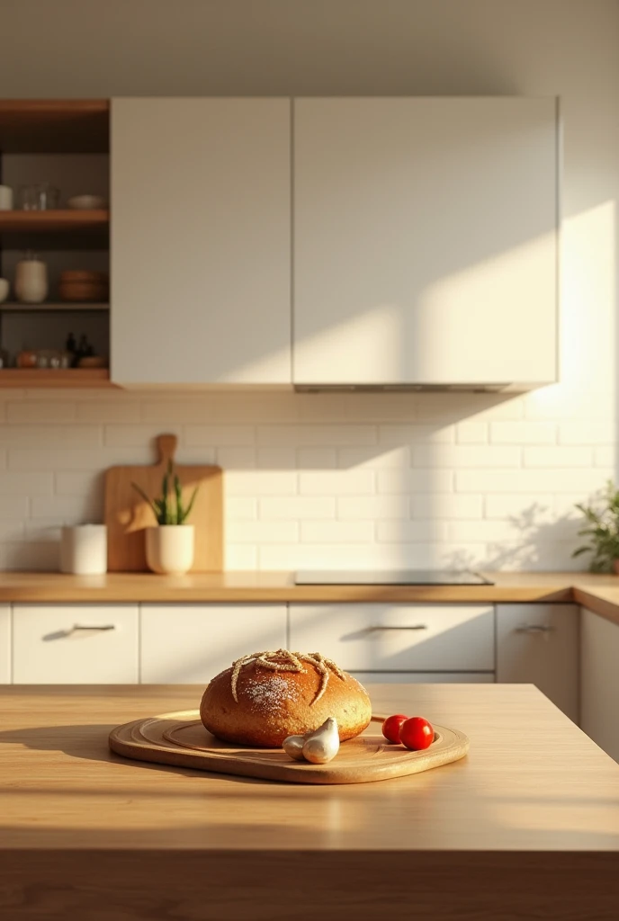 An image that can serve as a background for a food product, a table in a kitchen, all modern, clean, evening light