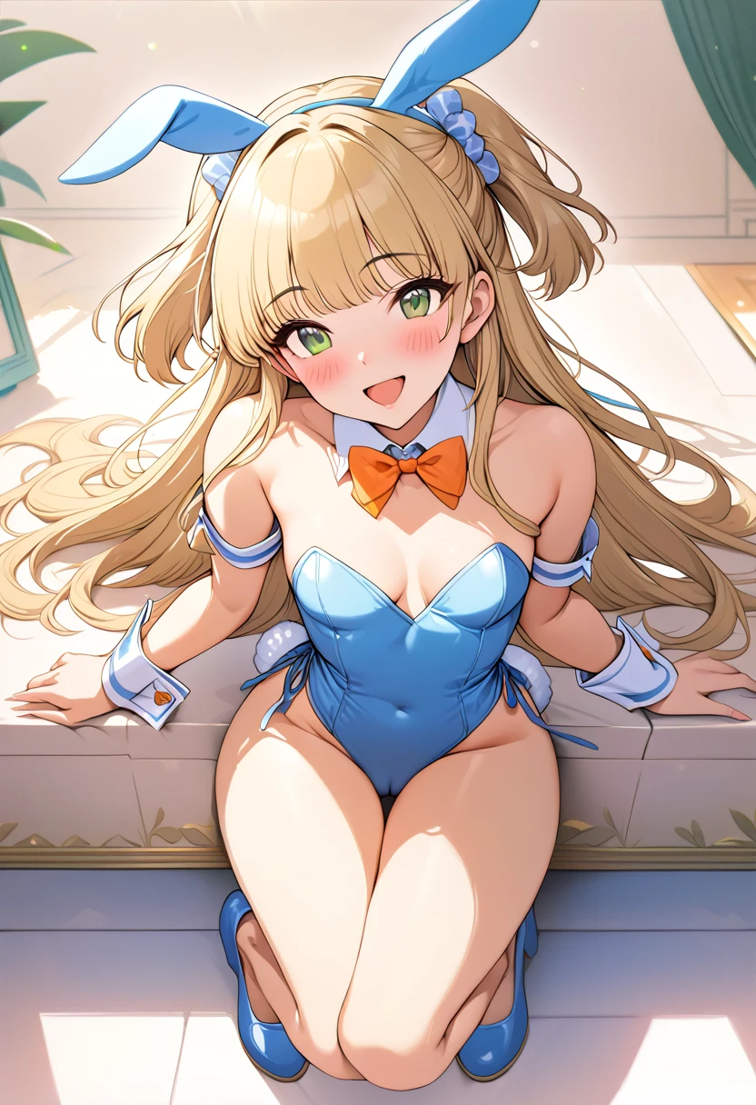 (masterpiece), (best quality), (ultra-detailed), (best illustration), (best shadow), (absurdres), (detailed background), (very aesthetic), pinup of 1girl, jgskrk, , long hair, blonde hair, blue rabbit ears, hair scrunchies, two side up, bangs, green eyes, blush, open mouth, smile, detached white collar, orange bowtie, collarbone, bare shoulders, small breasts, cleavage, blue playboy bunny, white wrist cuffs, blue strapless leotard, white rabbit tail, black pantyhose, blue footwear, , looking at viewer, solo, simple background, white background,cameltoe